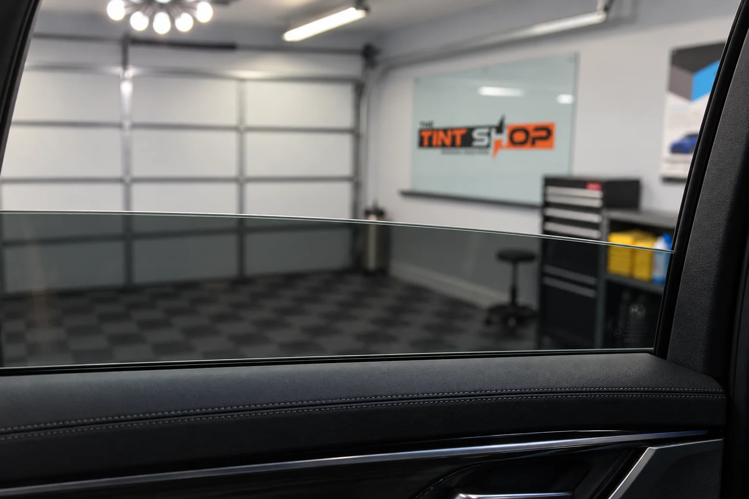 Looking out from a freshly tinted car at the workspace, the window part way down